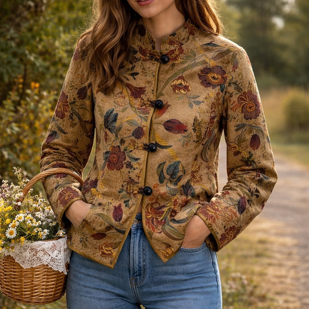 Vintage Chico's Women’s Mustard Floral Button-Up Size S Jacket